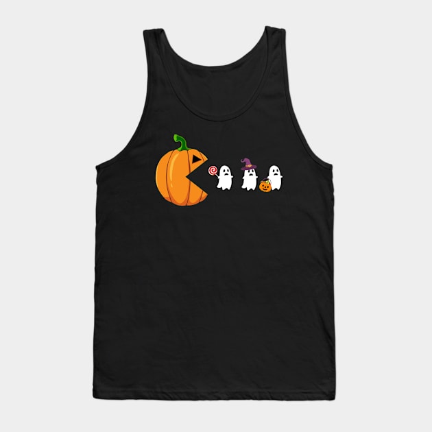 Halloween Pumpkin Eating Ghosts, Funny, Retro game, Arcade game, Geek, Gamer, for Men Women Kids, Costume, Skeleton, Ghost, Spooky, Birthday gift, Tank Top by Fanboy04